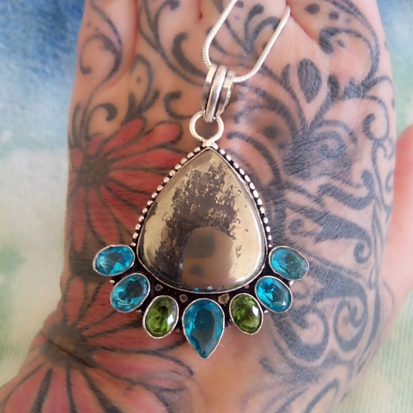 ❤ Artisan Apache Goldstone Pyrite + Aquamarine + Peridot SS 925 Pendant Necklace - Picture 2 of 6